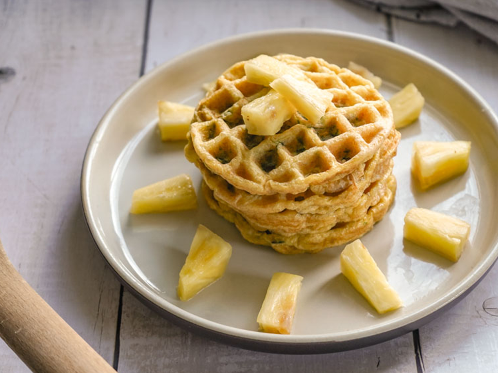 Egg Waffles with Spinach, Bacon, and Pineapple