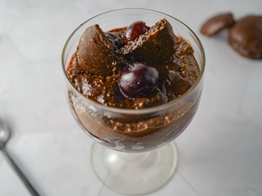 High Protein Chocolatey Cherry Tart Chia Pudding