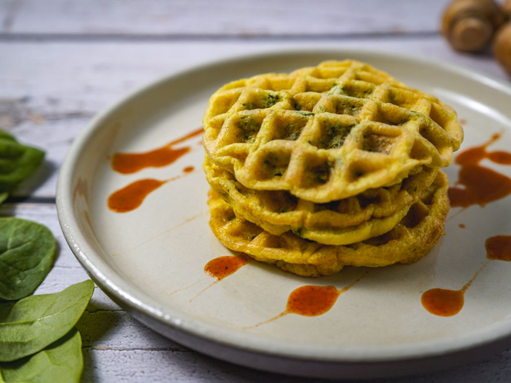 Egg Waffles with Sausage, Spinach, and Mushrooms