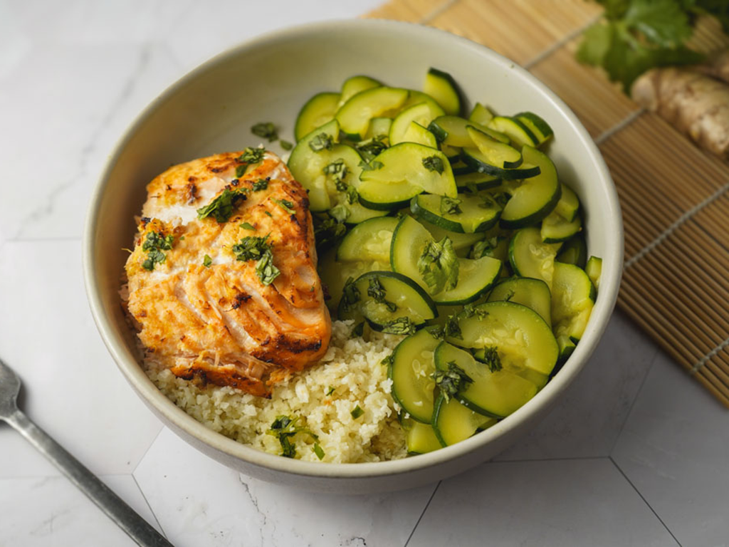 Miso Salmon with Zucchini & Cauliflower Rice -Low Carb & High Protein