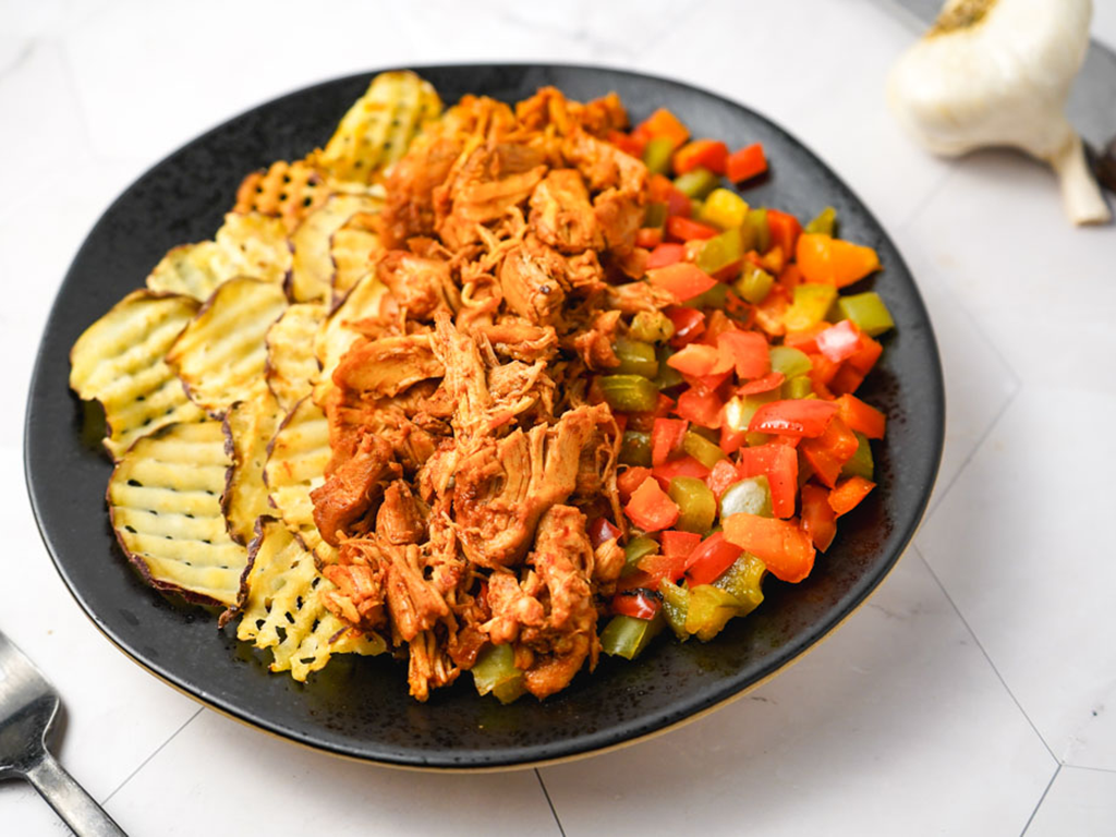 Paprika Chicken with Roasted Bell Peppers and Waffle Sweet Potatoes -Easy & High Protein