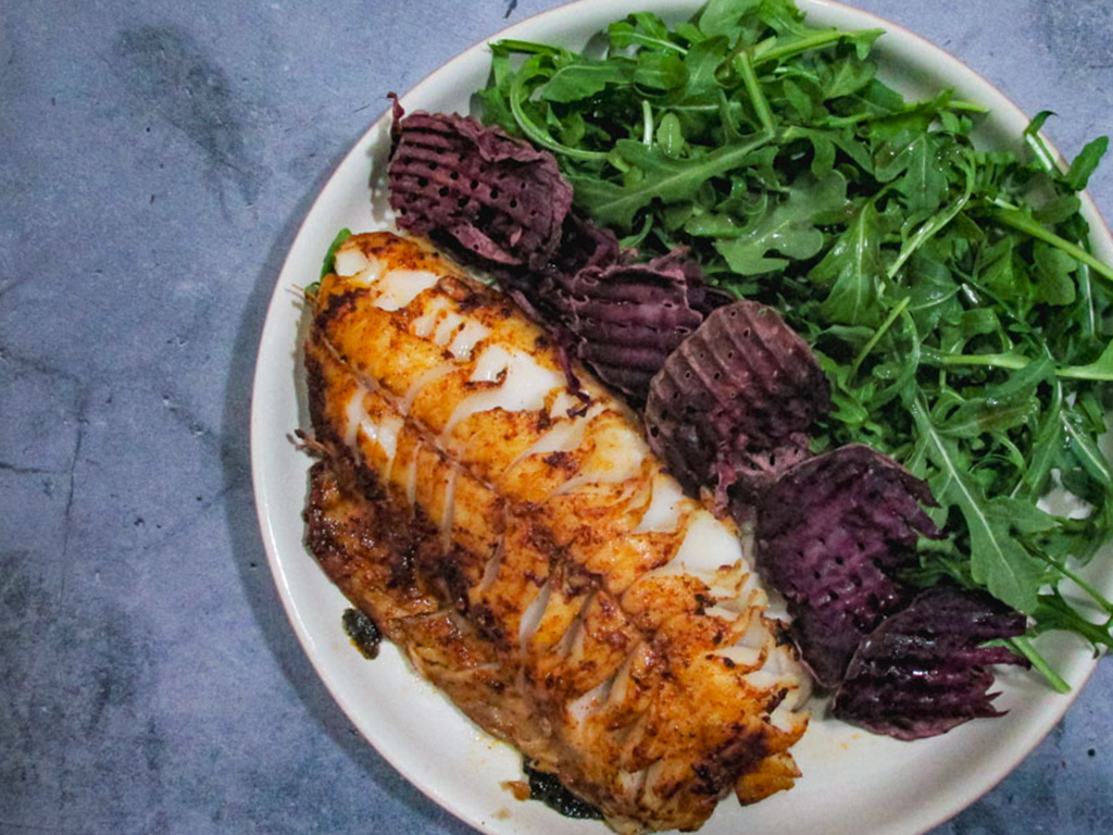 Chili Sabol Fish with Sweet Potatoes & Arugula Salad