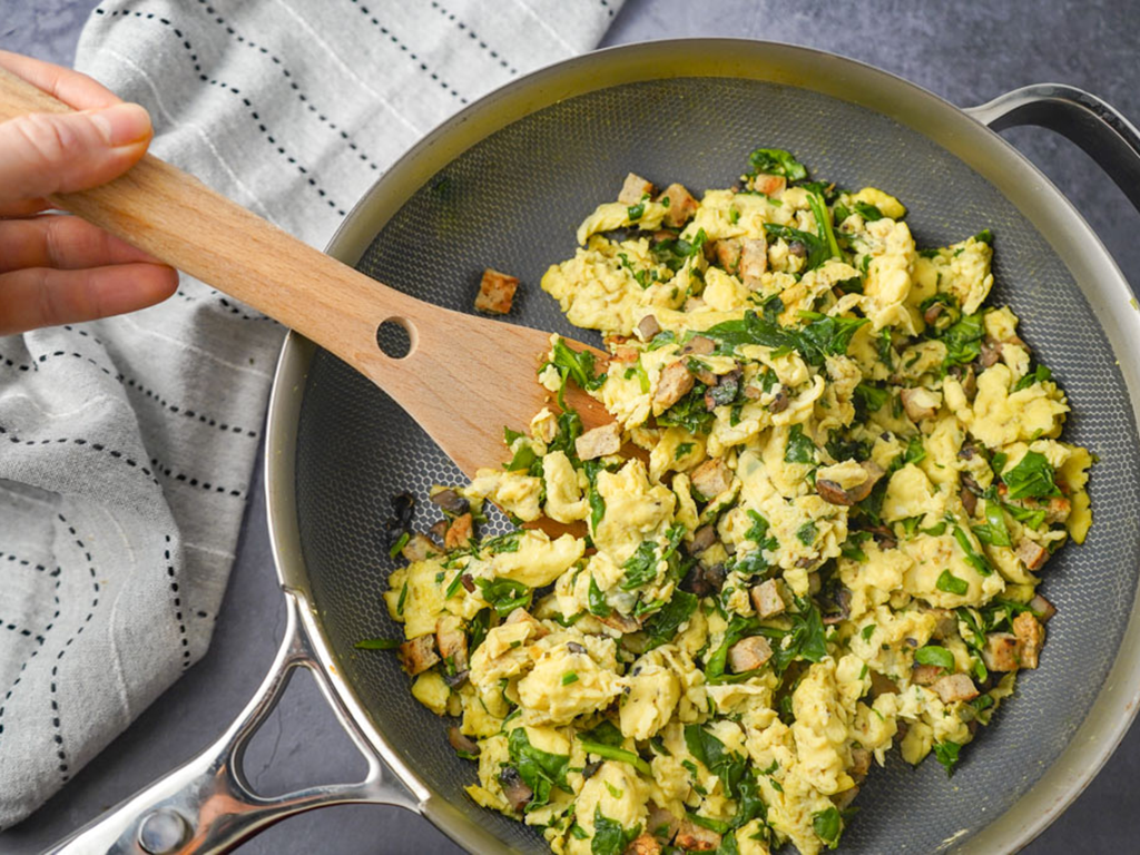 Easy Egg Scramble with Chicken Sausage, Spinach, and Mushrooms