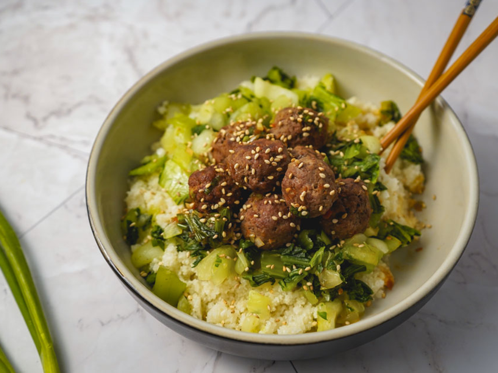 Sesame Meatballs with Bok Choy and Cauliflower Rice