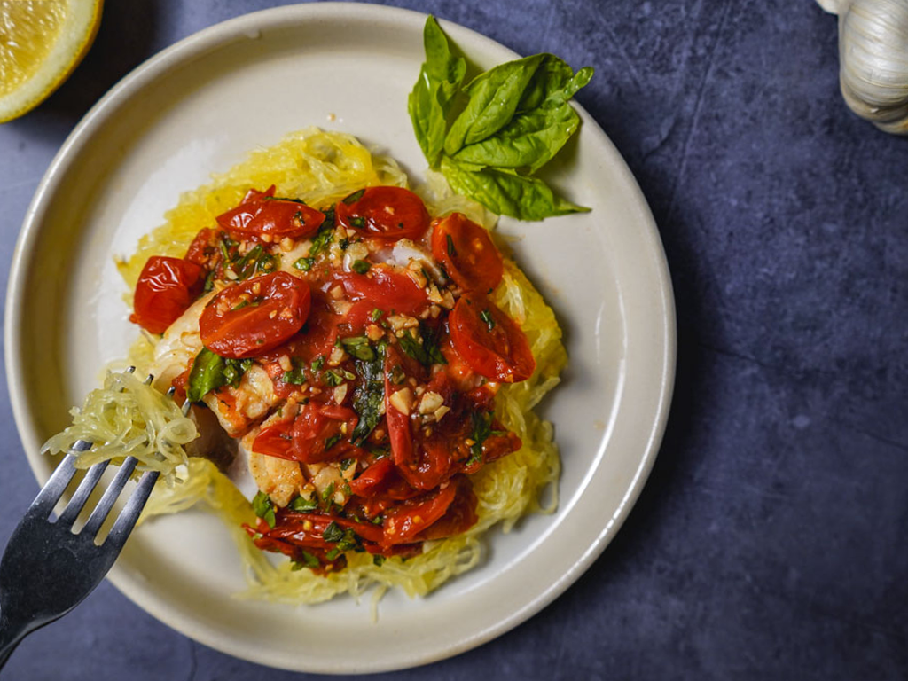 Tomato Basil White Fish with Spaghetti Squash “Pasta”